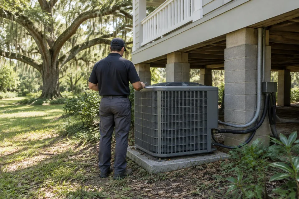 Generated illustration of a technician checking an outdoor AC condenser beside a raised home in Baton Rouge, Louisiana