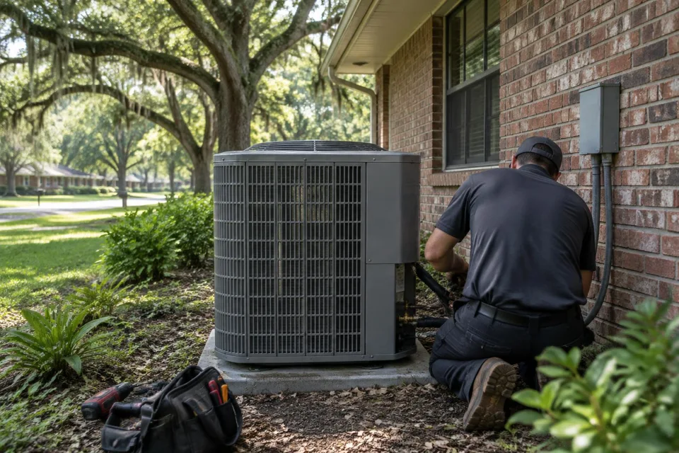 Generated illustration of a technician connecting an outdoor AC condenser beside a brick home in Baton Rouge, Louisiana