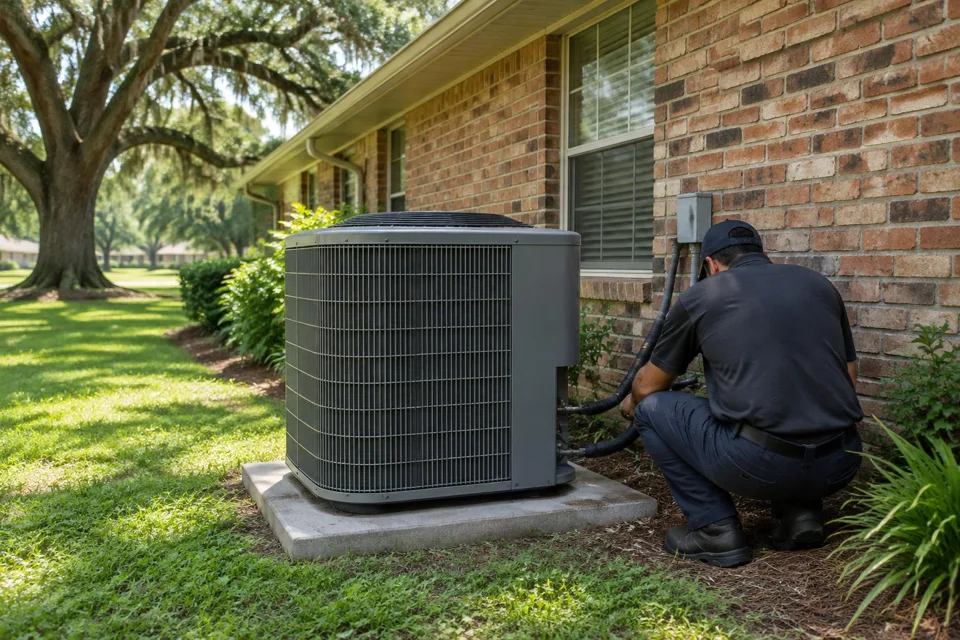 Generated illustration of a technician checking connections at an outdoor AC condenser in Baton Rouge, Louisiana