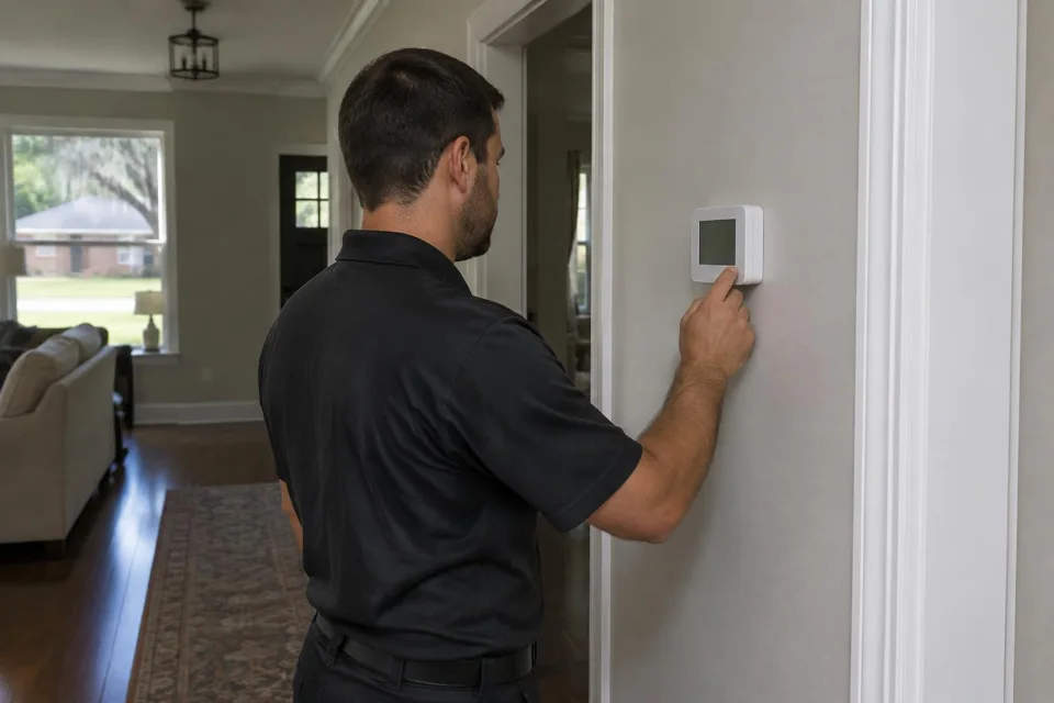 Generated illustration of a technician checking a thermostat in a residential hallway in Baton Rouge, Louisiana