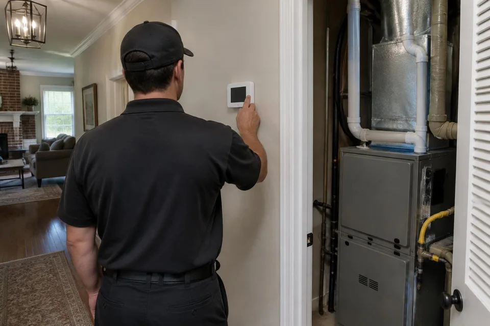 Generated illustration of a technician checking a thermostat beside a furnace closet in Baton Rouge, Louisiana