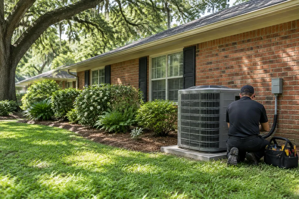 Generated illustration of a technician checking an outdoor AC condenser beside a brick home in Baton Rouge, Louisiana