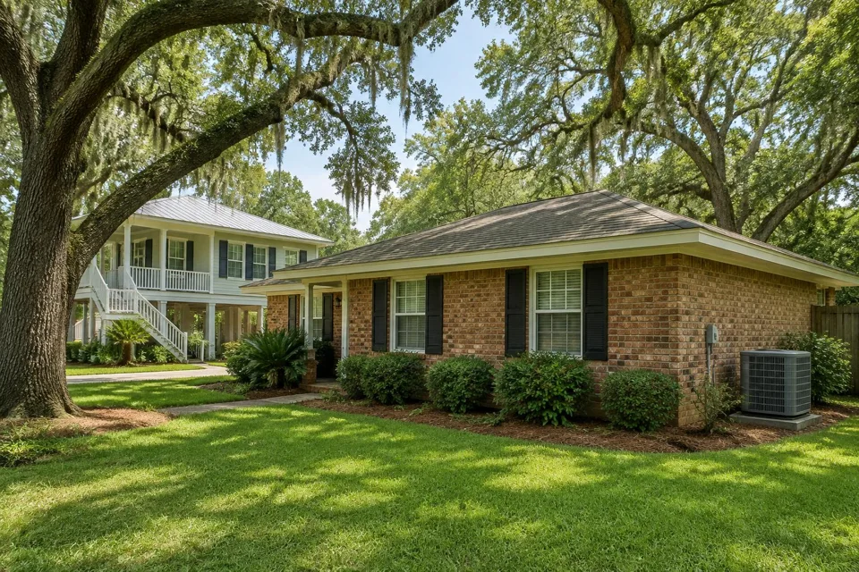 Generated illustration of brick and raised homes with live oaks and an outdoor AC condenser in Baton Rouge, Louisiana